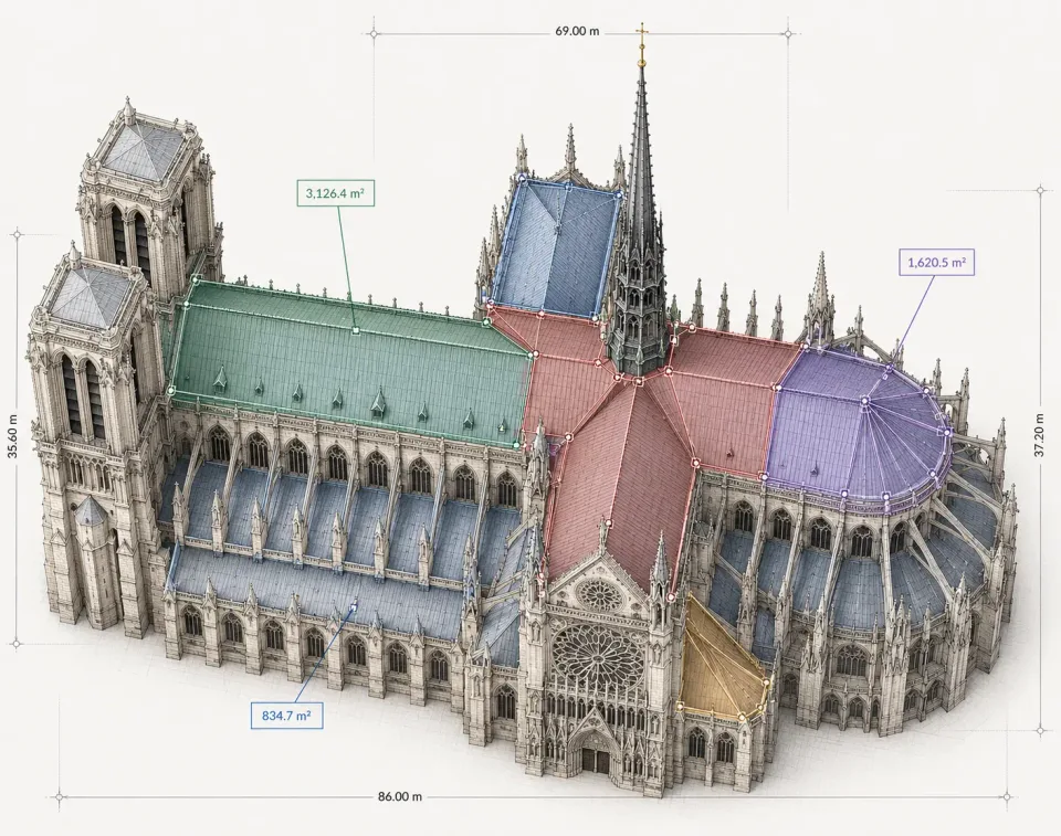 Notre-Dame de Paris — Exemple de métré · toiture à plusieurs versants