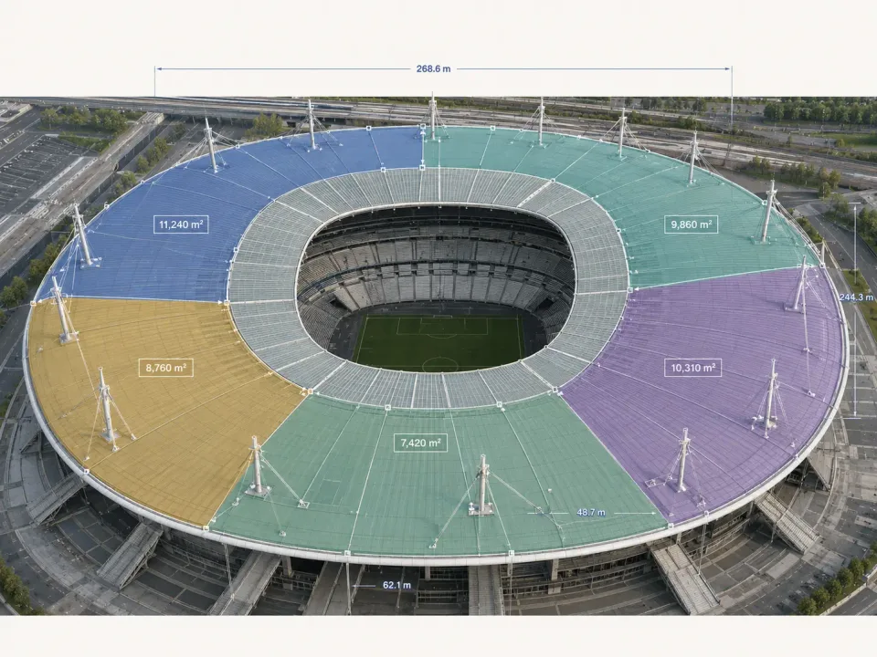 Stade de France — Exemple de métré de toiture : surfaces et secteurs de couverture repérés séparément.