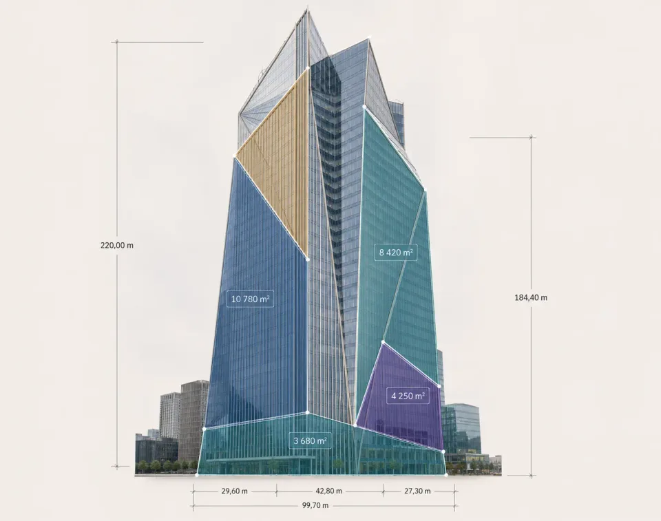 Tour Hekla · Paris La Défense — Exemple de métré de façade : murs-rideaux et surfaces vitrées distingués par zone.