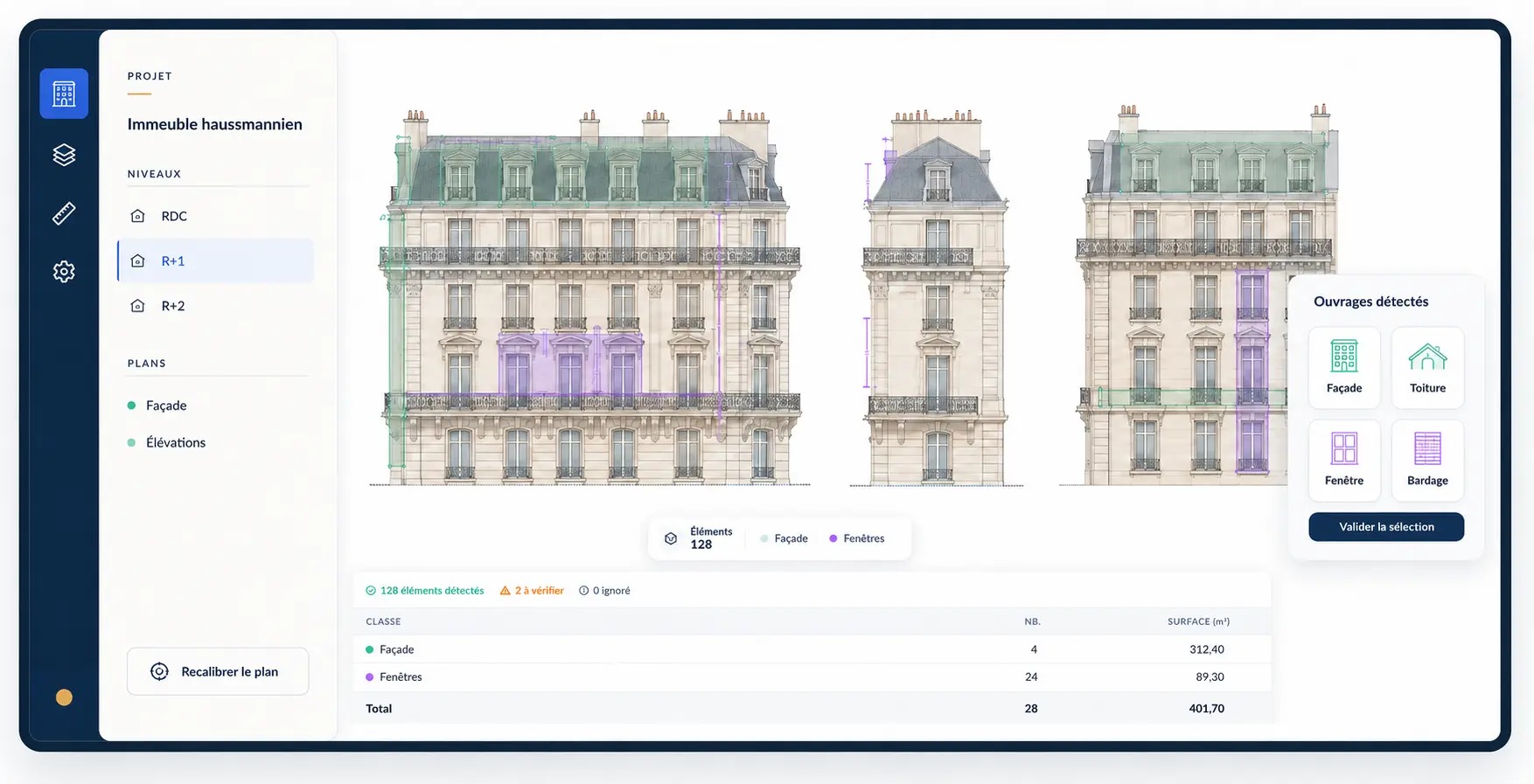Interface Planner Copilot : ouvrages repérés sur une façade et tableau de quantités associé